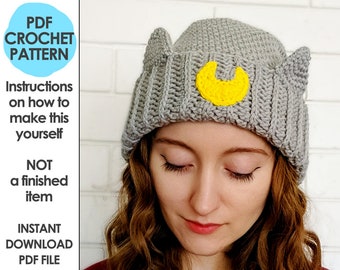 moon cat hat crochet pattern, crochet hat, crochet hat pattern, cat ears, crochet cat hat, crochet beanie, slouchy beanie