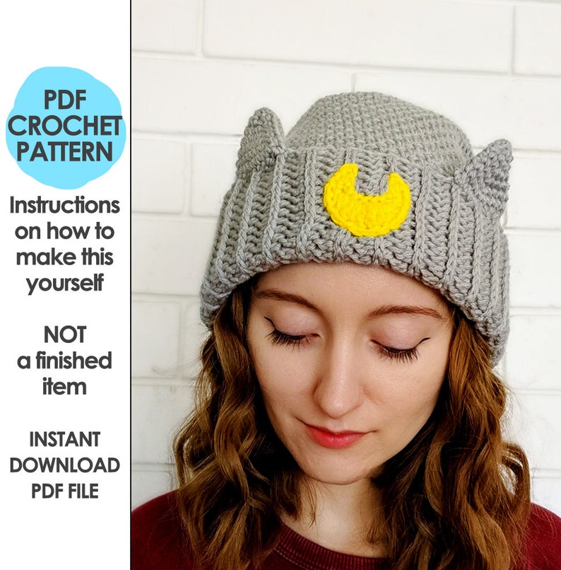 moon cat hat crochet pattern, crochet hat, crochet hat pattern, cat ears, crochet cat hat, crochet beanie, slouchy beanie image 1