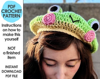 Froggy Beret Crochet Pattern, Crochet Hat Pattern, Kawaii Frog Hat, Crochet Beret