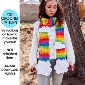 Rainbow and Clouds Scarf Crochet Pattern, Rainbow Scarf, Scarf with handwarmer pockets