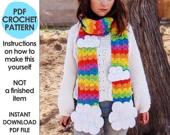 Rainbow Scarf Crochet Pattern with Cloud Handwarmer Pockets (PDF Pattern)