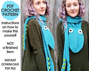 Octopus Scarf Crochet Pattern, octopus scarf with tentacles, halloween costume, crochet scarf, tentacle scarf, Novelty Animal Scarf