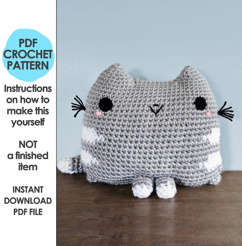 Chubby Cat Pillow Crochet Pattern, Stuffed Animal Amigurumi, Kawaii Plushie image 1