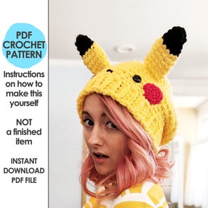 crochet pattern, pokemon crochet pattern, slouchy hat crochet pattern, pikachu hat, pokemon, crochet hat, pokemon hat, pokemon cosplay image 1