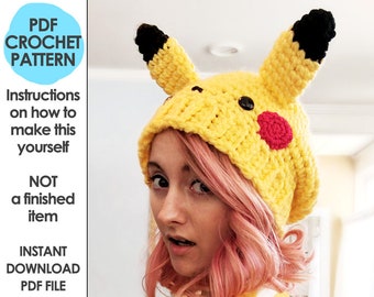 crochet pattern, pokemon crochet pattern, slouchy hat crochet pattern, pikachu hat, pokemon, crochet hat,  pokemon hat, pokemon cosplay