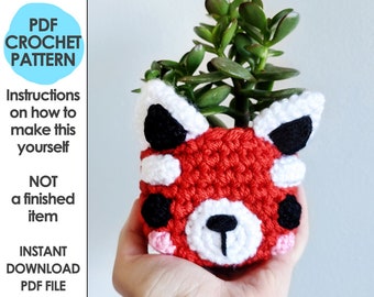 Red Panda Planter Crochet Pattern, mini succulent planter, crochet planter, animal planter, red panda crochet, mori girl, cottage core