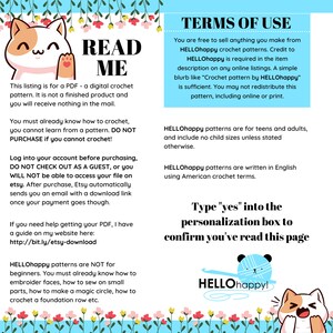 K&ouml;nnte beinhalten: Ein digitales H&auml;kelmuster mit einer niedlichen Comic-Katzenillustration. Der Text "LESEN SIE MICH" ist in gro&szlig;en, fetten Buchstaben. Der Text enth&auml;lt Informationen &uuml;ber das Muster, darunter, dass es sich um einen digitalen Download handelt und dass der K&auml;ufer wissen muss, wie man h&auml;kelt. Der Text enth&auml;lt auch Informationen &uuml;ber die Nutzungsbedingungen des Musters.