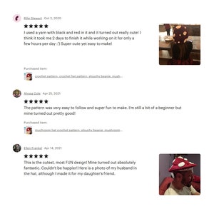 Peut inclure: Trois avis clients pour un patron de bonnet en crochet en forme de champignon. Les avis sont positifs et incluent des photos des bonnets finis. Le premier avis dit "J'ai utilis&eacute; un fil noir et rouge et il s'est av&eacute;r&eacute; vraiment mignon ! Je pense que cela m'a pris 2 jours pour le terminer tout en travaillant dessus pendant seulement quelques heures par jour :) Super mignon et facile &agrave; faire !" Le deuxi&egrave;me avis dit "Le patron &eacute;tait tr&egrave;s facile &agrave; suivre et super amusant &agrave; faire. Je suis encore un peu d&eacute;butante mais le mien s'est av&eacute;r&eacute; plut&ocirc;t bien !" Le troisi&egrave;me avis dit "C'est le plus mignon, le plus FUN des designs ! Le mien s'est av&eacute;r&eacute; absolument fantastique. Je ne pouvais pas &ecirc;tre plus heureuse ! Voici une photo de mon mari avec le bonnet, m&ecirc;me si je l'ai fait pour l'amie de ma fille."