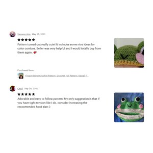 May include: Two images of a crocheted frog hat. One hat is green with pink accents and a yellow brim. The other hat is green and white with pink accents. The image also includes customer reviews.