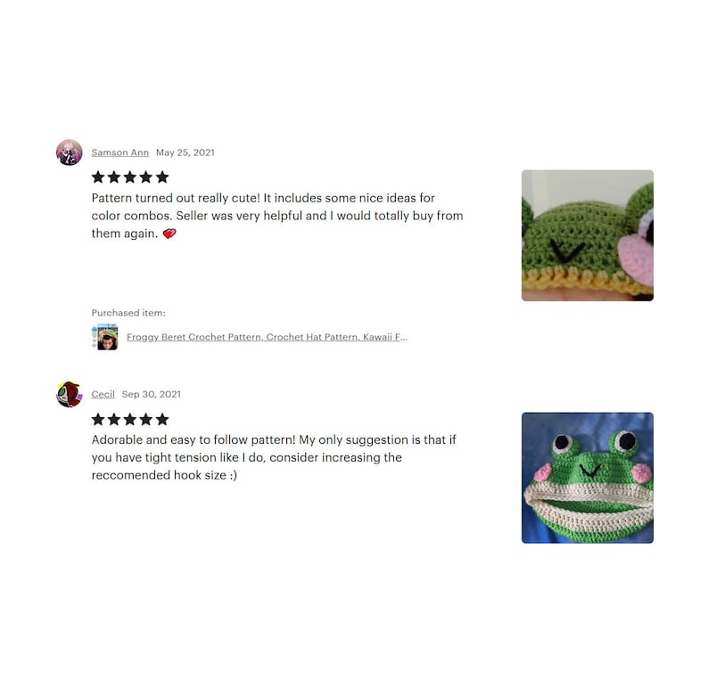May include: Two images of a crocheted frog hat. One hat is green with pink accents and a yellow brim. The other hat is green and white with pink accents. The image also includes customer reviews.