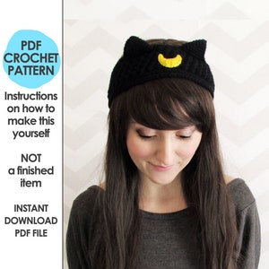 Moon Cat Ears Headband, ear warmer, anime, black cat ears, messy bun hat, anime character cosplay, crochet headband