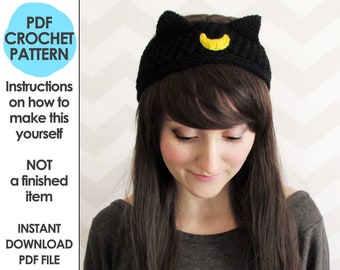 Crochet pattern, cat ears headband, sailor moon, ear warmer, anime, black cat ears, messy bun hat, sailor moon costume, crochet headband