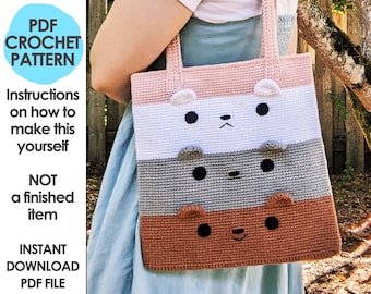 Three Bears Tote Bag Crochet Pattern, Crochet Purse, Kawaii