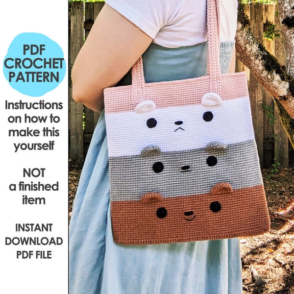 Three Bears Tote Bag Crochet Pattern, Crochet Purse, Kawaii