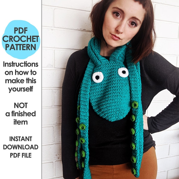 Octopus Scarf Crochet Pattern, octopus scarf with tentacles, halloween costume, crochet scarf, tentacle scarf, Novelty Animal Scarf