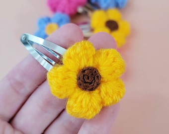 Puffy Flower Hair Clips - hand crocheted accessories - pink, yellow, purple