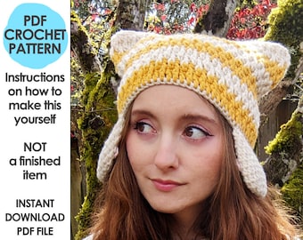 Alpine Cat Hat Crochet Pattern, Crochet Hat Pattern, Kawaii Kitty Ears Hat with Toe Bean Ear Flaps
