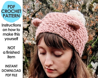 Mossy Bear Beanie Crochet Pattern, Crochet Bear Hat, Slouchy Beanie, Kawaii Winter Hat Pom Pom