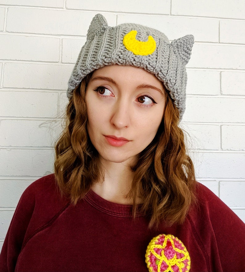 moon cat hat crochet pattern, crochet hat, crochet hat pattern, cat ears, crochet cat hat, crochet beanie, slouchy beanie image 3