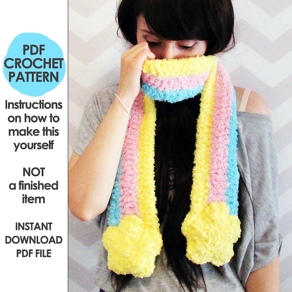 scarf crochet pattern, Kawaii Shooting Star Scarf, fairy kei pastel scarf, pastel goth scarf, fuzzy rainbow scarf, anime scarf, harajuku
