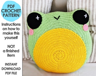 Froggy Pillow Crochet Pattern, Kawaii Throw Pillow, Froggie Home Decor