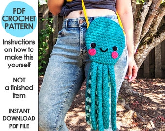 Octopus Crossbody Bag Crochet Pattern, Crochet Purse, Kawaii Bag