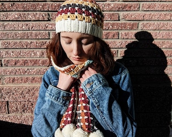Multicolor Retro 70s Crochet Hat & Scarf Set - Hand crocheted granny square vintage design