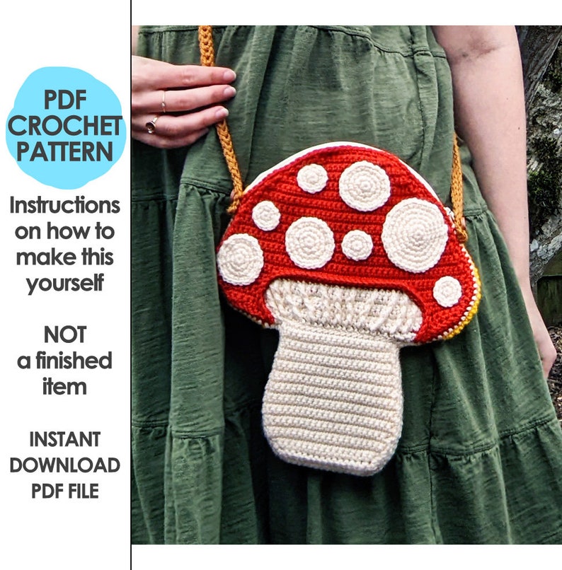 Crossbody Mushroom Bag Crochet Pattern, Toadstool, Crochet Purse, Mori Girl Kei, Cottage Core, Kawaii image 1