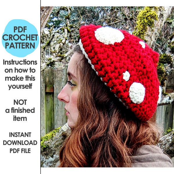 mushroom hat crochet pattern, slouchy beanie, mushroom, toadstool, crochet gift, crochet mushroom, mori girl, cottage core