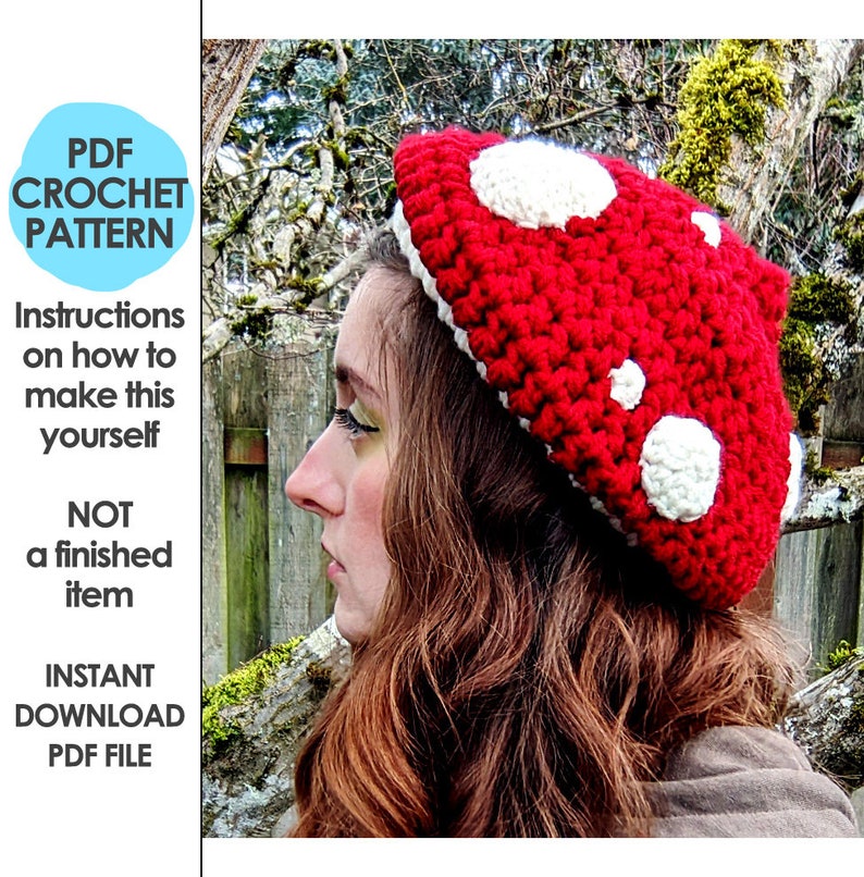 Peut inclure: Un patron de crochet pour un chapeau en forme de champignon rouge et blanc. Le patron comprend des instructions sur la fa&ccedil;on de r&eacute;aliser le chapeau vous-m&ecirc;me. T&eacute;l&eacute;chargement instantan&eacute; du fichier PDF.