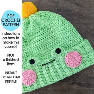 Froggy Fold Over Beanie Hat Crochet Pattern, Crochet Hat Pattern, Kawaii Frog Hat, Crochet Beanie