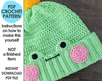 Froggy Fold Over Beanie Hat Crochet Pattern, Crochet Hat Pattern, Kawaii Frog Hat, Crochet Beanie