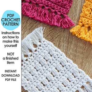 Op de afbeelding: Close-up van drie gehaakte items in wit, fuchsia en geel, met franjes. De afbeelding bevat de tekst "PDF CROCHET PATTERN" en "Instructions on how to make this yourself. NOT a finished item. INSTANT DOWNLOAD PDF FILE."