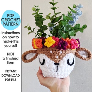 Sweet Fawn Planter Crochet Pattern, mini succulent planter, animal planter, Baby Deer Crochet, 4 inch planter, mori girl, cottage core decor