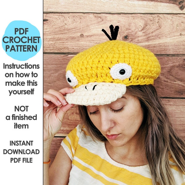 pokemon crochet pattern, psyduck hat, beret newsboy hat crochet pattern, pokemon anime, crochet hat pattern,  pokemon hat, pokemon cosplay