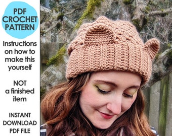 Slouchy Bear Beanie Crochet Pattern, Slouchy Hat, Kawaii Bear Hat, Crochet Animal Beanie, Winter Hat