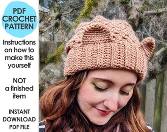 Slouchy Bear Beanie Crochet Pattern, Slouchy Hat, Kawaii Bear Hat