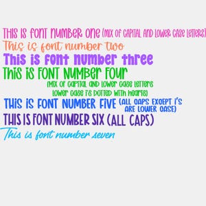 May include: A digital display showing seven distinct font styles in various colors. Each line features the text 'This is font number' followed by the numeral, including descriptive notes in parentheses about the specific lettering style and casing.