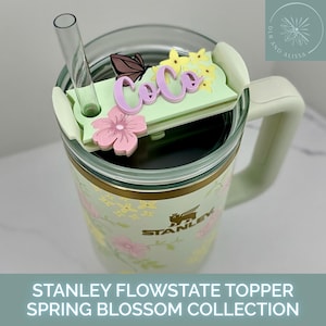 May include: A floral-patterned Stanley Flowstate tumbler with a custom topper. The topper is light green with the name "Coco" in pink letters, a pink flower, and a butterfly. The tumbler has a light green handle and a clear straw. The text "STANLEY FLOWSTATE TOPPER SPRING BLOSSOM COLLECTION" is at the bottom.