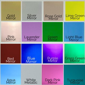 May include: A grid of colorful mirror acrylic samples. Colors include gold, silver, rose gold, lime green, pink, lavender, green, light blue, red, blue, purple, grass green, aqua, white metallic, dark pink, and turquoise. Each sample has its color name printed below.