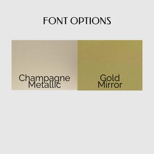 May include: A graphic display titled FONT OPTIONS showing two rectangular colour swatches. The left swatch is a light champagne metallic colour with the text Champagne Metallic below it. The right swatch is a gold mirror colour with the text Gold Mirror below it.