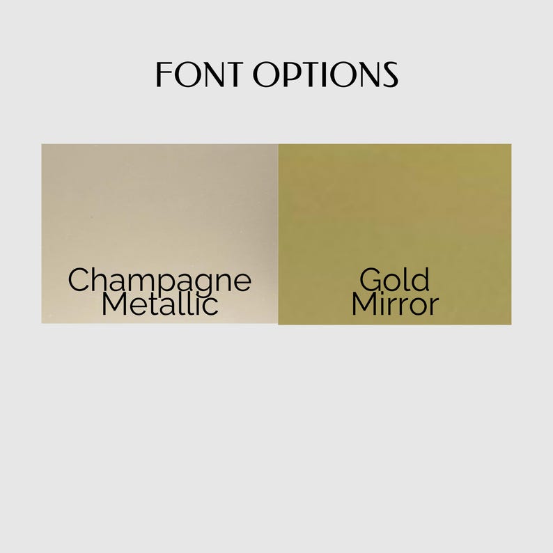 May include: A graphic display titled FONT OPTIONS showing two rectangular colour swatches. The left swatch is a light champagne metallic colour with the text Champagne Metallic below it. The right swatch is a gold mirror colour with the text Gold Mirror below it.