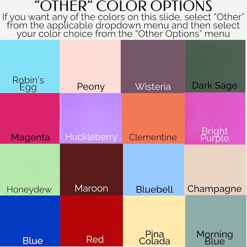May include: A color chart featuring sixteen distinct squares with labels: Robin's Egg, Peony, Wisteria, Dark Sage, Magenta, Huckleberry, Clementine, Bright Purple, Honeydew, Maroon, Bluebell, Champagne, Blue, Red, Pina Colada, and Morning Blue.