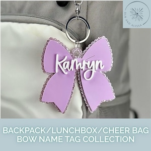 Personalized Bow Backpack Tag: Acrylic Name Keychain, Cheerleading Team Squad Gift, Lunchbox Name Plate