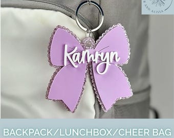 Personalized Bow Backpack Tag: Acrylic Name Keychain, Cheerleading Team Squad Gift, Lunchbox Name Plate