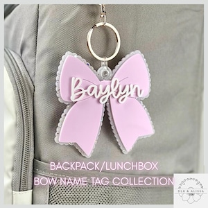 Personalized Bow Backpack Tag: Acrylic Name Keychain, Cheerleading Team Squad Gift, Lunchbox Name Plate