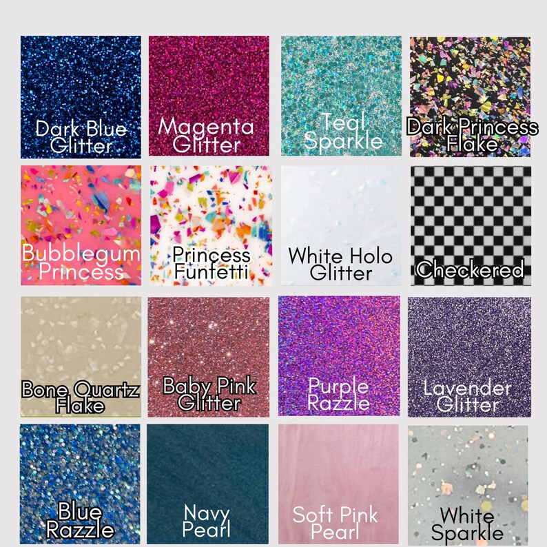 May include: A grid of glitter and flake samples in various colors. Includes dark blue, magenta, teal, and dark princess flake. Also features bubblegum princess, princess funfetti, white holo glitter, and checkered patterns.