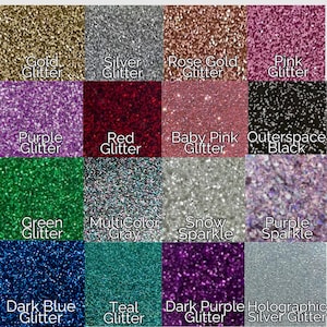 May include: A grid of sixteen square swatches displaying various glitter and sparkle textures in colors including gold, silver, rose gold, pink, purple, red, baby pink, black, green, multicolor gray, snow, dark blue, teal, and holographic silver.