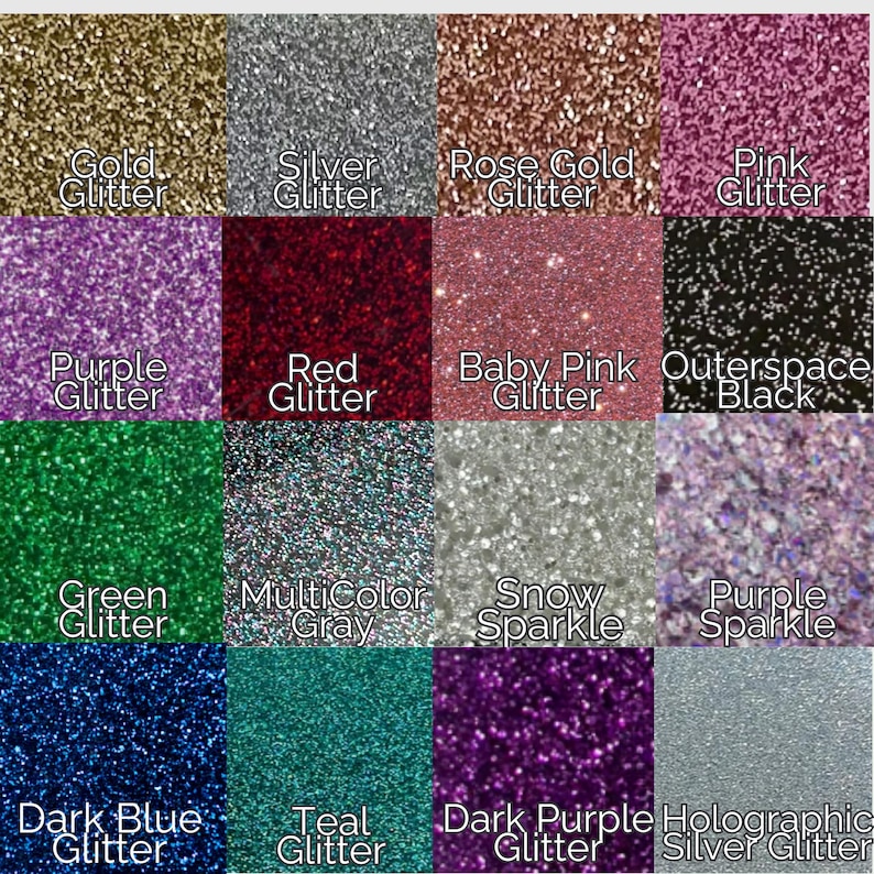 May include: A grid of sixteen square swatches displaying various glitter and sparkle textures in colors including gold, silver, rose gold, pink, purple, red, baby pink, black, green, multicolor gray, snow, dark blue, teal, and holographic silver.
