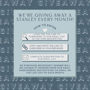 May include: A promotional graphic with a blue background and the words "GIVEAWAY" repeated. The central panel says "We're giving away a Stanley every month!" and provides instructions on how to enter the giveaway.